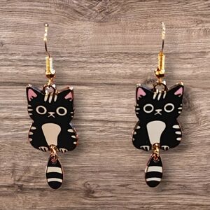 Kawaii Black White Cat Enamel Dangle  Fish Hook Earrings with Striped Tail Charm
